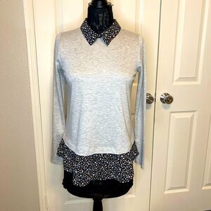 Loft, long sleeve, collared, gray top with floral collar and hem.  Size XS